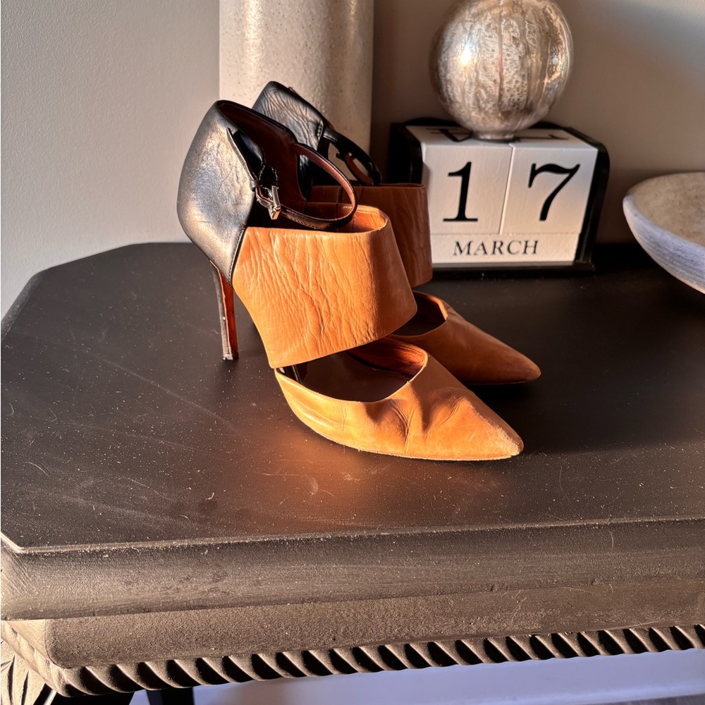 Coach Two-Tone Tan and Black Pointed Toe Ankle-Strap Heels